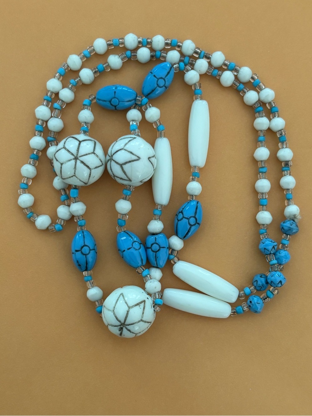 Antique Neiger White & Turquoise Beaded Long uranium glass necklace